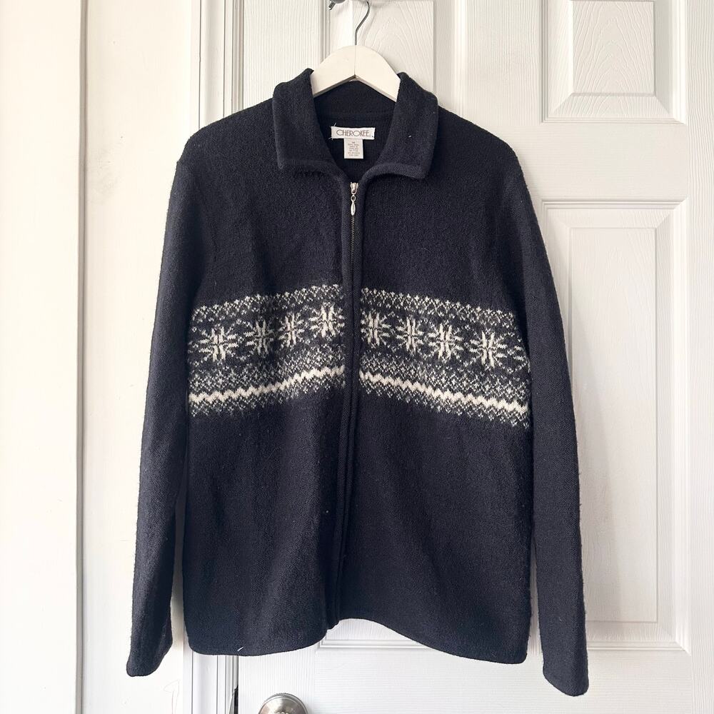 Cherokee Vintage 90s Wool Blue Nordic Fair Isle Full Zip Collared Sweater Jacket